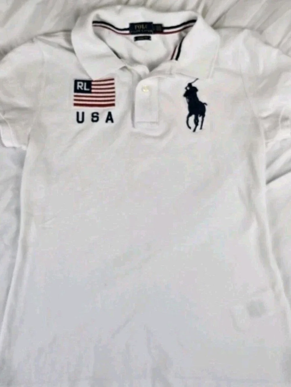 Polo Ralph Lauren Skinny Fit White Big Pony USA Flag Polo Shirt Men's - Small S